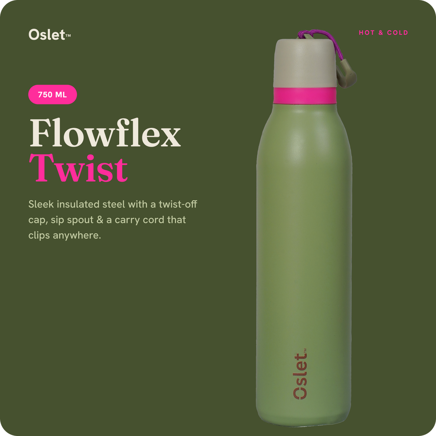 Oslet FlowFlex Twist | Sleek Hot & Cold Water Bottle | 750ml